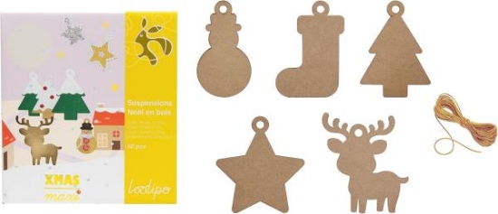 Image de Suspensions de noël max en bois avec ficelle dorée