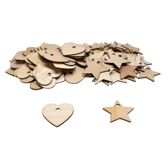 Image de Formes en bois cœurs et étoiles, lot de 100